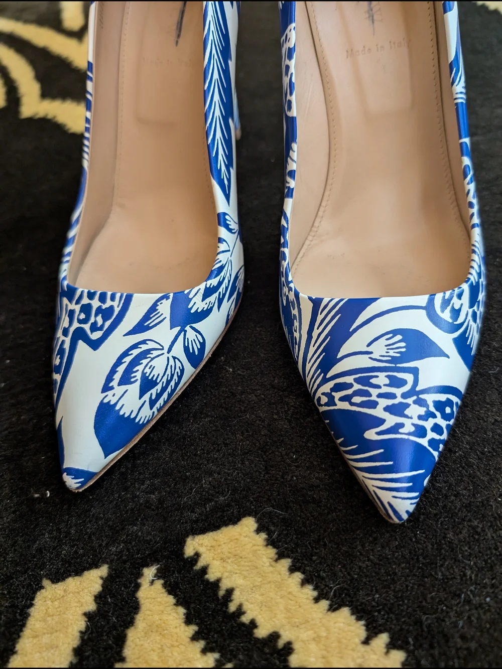 J. Crew Blue and White Floral Pointed-Toe Leather Pumps